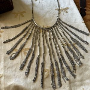 Adjustable Silver Multi Chain Fringe / Mesh Bibb Style Choker Statement Necklace